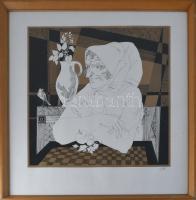 Szász Endre (1926-2003): Hölgy madárral. Szitanyomat, papír, jelzett, számozott (3/25), üvegezett keretben, 38,5x38,5 cm