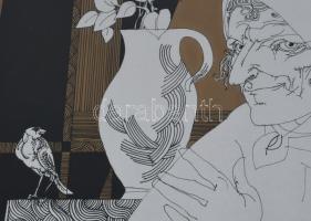 Szász Endre (1926-2003): Hölgy madárral. Szitanyomat, papír, jelzett, számozott (3/25), üvegezett ke...