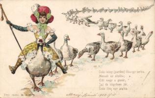 Humorous postcard, lady on goose, litho, Száz leány (pardon) liba egy sorban.. / Humoros lap, hölgy, litho