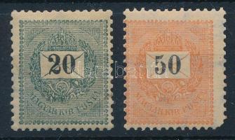 1899 20kr falcos / hinged, 50kr kis sarokhiba / missing corner (27.000)