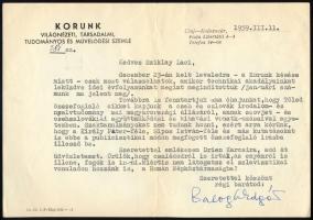 1959 Kolozsvár (Cluj), Balogh Edgár (1906-1996) publicista, egyetemi tanár, a Korunk c. folyóirat főszerkesztő-helyettese saját kezűleg aláírt, gépelt levele Sziklay László (1912-1987) író, irodalomtörténész részére