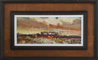 Cs. Pataj Mihály (1921-2008): Alkonyodik. Olaj, farost, jelzett, hátoldalán autográf felirattal, fakeretben, 14×30 cm