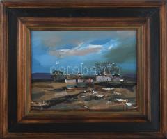 Csikós András (1947-2006): "Hóolvadás". Olaj, farost, jelezve jobbra lent, hátoldalán autográf felirattal, fakeretben, 20x25 cm