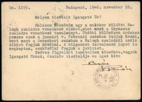 1940 Bp., Baán Kálmán (1908-1962) genealógus, heraldikus, a Magyar Családtörténeti Szemle c. folyóirat szerkesztője saját kezűleg aláírt, gépelt levelezőlapja görzsönyi Vargha Zoltán gimnáziumi igazgató részére