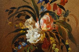 Gallyas Mária (?-): Virágcsendélet. Olaj, farost, jelzett, fakeretben, 24×18 cm