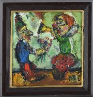 Tóth Ernő (1949- ): Bohócok, olaj, karton, jelzett, FAkeretben, 23×23 cm
