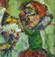 Tóth Ernő (1949- ): Bohócok, olaj, karton, jelzett, FAkeretben, 23×23 cm