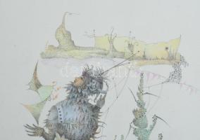 Egresi Zsuzsa (1954-): Kutyasétáltatás, 1991. Ceruza, papír, jelzett, üvegezett keretben, 17,5×13 cm