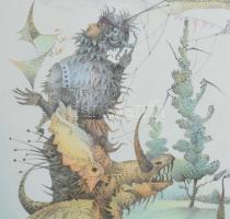 Egresi Zsuzsa (1954-): Kutyasétáltatás, 1991. Ceruza, papír, jelzett, üvegezett keretben, 17,5×13 cm