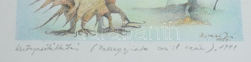 Egresi Zsuzsa (1954-): Kutyasétáltatás, 1991. Ceruza, papír, jelzett, üvegezett keretben, 17,5×13 cm