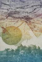 Egresi Zsuzsa (1954-2025): Óváros. Színes rézkarc, papír. Jelzett. Számozott (12/10?). Üvegezett fakeretben, 10x6 cm.