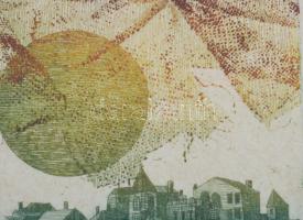 Egresi Zsuzsa (1954-2025): Óváros. Színes rézkarc, papír. Jelzett. Számozott (12/10?). Üvegezett fak...