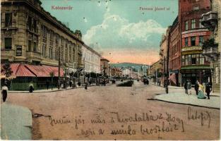 Kolozsvár, Cluj; Ferenc József út, Berlitz nyelviskola, biztosító társaság, Fesztinger Dávid üzlete / street view, language school, insurance company, shops (szakadás / tear)