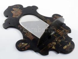 Antik japán lakkozott fa falitükör, kopással, 34x24 cm