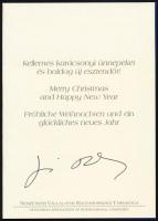Kiss Elemér (1944-) jogász, ügyvéd, Miniszterelnöki Hivatalt vezető államtitkár, majd miniszter (kancelláriaminiszter) autográf aláírása karácsonyi-újévi üdvözlőlapon