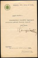 1922 Bp., Karafiáth Jenő (1883-1952) politikus, a képviselőház háznagya, vallás- és közoktatásügyi miniszter (1931-1932), Budapest főpolgármestere (1937-1942) autográf aláírása Kresz Károly (1886-1943) közgazdásznak címzett, házasságkötéséhez gratuláló levelén