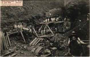 Ahrtal, Ahr valley; Wetterkatastrophe 13. Juni 1910., Pioniere steilen für die total verwüstete Strasse einen Notsteg her / flood disaster, destroyed railway road, soldiers built a temporary bridge