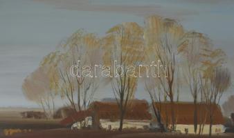 Ugocsai Antal (1942-): Alföldi részlet. Olaj, farost, jelezve jobbra középen, 40×70 cm. Üvegezett fa...