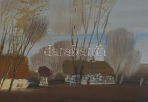 Ugocsai Antal (1942-): Alföldi részlet. Olaj, farost, jelezve jobbra középen, 40×70 cm. Üvegezett fa...