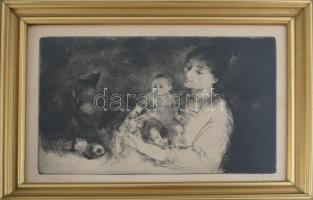 Szász Endre (1926-2003): Anya gyermekével. Rézkarc, papír, jelzett, üvegezett fakeretben, 19,5×29 cm