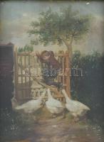 Jelzés nélkül, feltehetően XIX. sz. második fele: Libatámadás. Olaj, fatábla. Dekoratív, üvegezett fakeretben, 20×13,5 cm