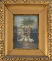 Jelzés nélkül, feltehetően XIX. sz. második fele: Libatámadás. Olaj, fatábla. Dekoratív, üvegezett f...