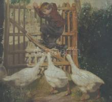 Jelzés nélkül, feltehetően XIX. sz. második fele: Libatámadás. Olaj, fatábla. Dekoratív, üvegezett f...