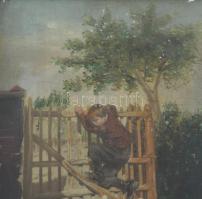 Jelzés nélkül, feltehetően XIX. sz. második fele: Libatámadás. Olaj, fatábla. Dekoratív, üvegezett f...