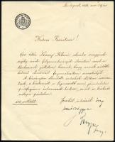 1933 Bp., Győrffy-Bengyel Sándor (1886-1942) politikus, titkos tanácsos, honvéd tábornok, közellátásügyi tárcanélküli miniszter (1941-1942) saját kezű, aláírt levele a M. Kir. Honvédelmi Minisztérium fejléces levélpapírján