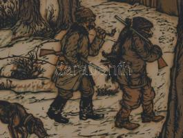 Gácsi Mihály (1926-1987): Vadászok kutyákkal. Színes linómetszet, papír. Jelzés nélkül. Üvegezett fa...