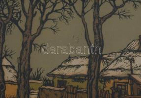 Gácsi Mihály (1926-1987): Vadászok kutyákkal. Színes linómetszet, papír. Jelzés nélkül. Üvegezett fa...