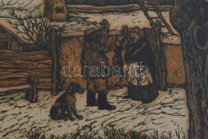 Gácsi Mihály (1926-1987): Vadászok kutyákkal. Színes linómetszet, papír. Jelzés nélkül. Üvegezett fa...