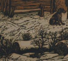 Gácsi Mihály (1926-1987): Vadászok kutyákkal. Színes linómetszet, papír. Jelzés nélkül. Üvegezett fa...