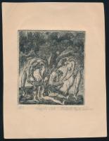 Derkovits Gyula (1894-1934): Nagy fa alatt, 1920. Rézkarc, papír, jelzett. Hátoldalán özvegye autográf feliratával. 9,5x8,5 cm