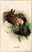 "Thoroughbreds" Lady art postcard, lady with horse. Arthur Rehn &amp; Co. No. 424. litho