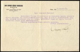 1935 Pálfa, gróf Apponyi Károly (1878-1959) honvéd vezérkari alezredes, nagybirtokos, cs. és kir. kamarás, főrendiházi, majd felsőházi tag autográf aláírásával ellátott, gépelt levele, fejléces levélpapíron