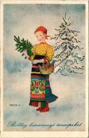 1938 Boldog karácsonyi ünnepeket / Christmas greeting art postcard, Hungarian folklore s: Bacsa J. (EB)