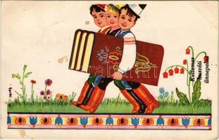 Kellemes húsvéti ünnepeket / Easter greeting art postcard, Hungarian folklore s: Gyulai (fa)