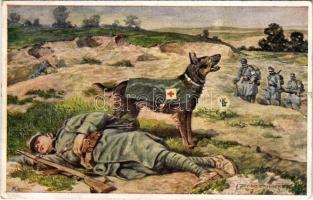 1918 K.F.A. Sanitätshunde, Erhörter Hilferuf. Zu Gunsten des K.u.k. Kriegsfürsorgeamtes / WWI K.u.K. military art postcard, mercy dog s: E. Ranzenhofer + feldpost (tear)