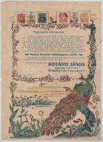 Kotányi János japán művészi tárgyak, színezett reklám nyomtatvány, eredeti japán bélyegekkel 25x35 cm