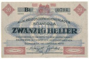 1916. Somorja / hadifogolytábor 20f arab sorszámmal "B1 0794" T:F szép papír Hungary 1916. Somorja (Šamorín) / POW Camp 20 Fillér (Heller) with arabic serial number "B1 0794" C:F fine paper Adamo HHS-1.2.1