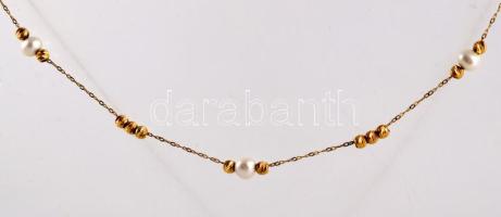 Arany (Au) nyaklánc, édesvízi gyöngyökkel, 1,4K, jelzett, számlával, bruttó 1,4g