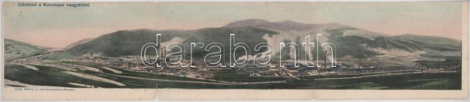 Korompa, Krompach, Krompachy; Korompai vasgyár. Balkányi S. kiadása, 3-részes kihajtható panorámalap / ironworks, iron factory. 3-tiled folding panoramacard (hajtásnál szakadt / torn at fold)