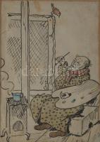 Oskar Laske (1874-1951): Festő a műtermében. Akvarell, tus, papír, jelzett, kissé foltos, lapszéli szakadással, üvegezett fakeretben, 15,5x11 cm