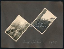 1934 Budapest Lánchíd, Fő utca, Szent István napi ünnepségek. 6 db fotó, albumlapokon 6x9 cm