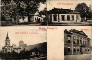 Diósgyőr (Miskolc), Diósgyőri Tapolca, a 600 éves mogyorófa, Evangélikus templom a várromokkal, Városháza. Grünwald Ignác kiadása (EK)