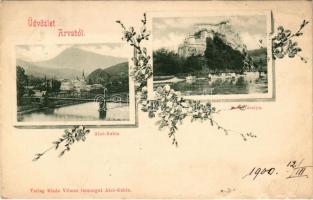 1900 Árvaváralja, Árva-Váralja, Oravsky Podzámok; Árva vára, Alsókubin, híd. Vilmos Immergut kiadása, szecessziós-virágos keret / Schloss Árva / Oravsky zámok / castle, Dolny Kubín, bridge. Art Nouveau, floral (EM)