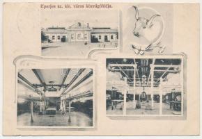 1912 Eperjes, Presov; a város közvágóhídja, belső. Divald Károly Fia / slaughterhouse interior. Art Nouveau, floral (apró szakadások / tiny tears)