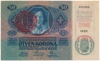 1914. 50K "1025 999485" piros "MAGYARORSZÁG" felülbélyegzéssel T:F szép papír
