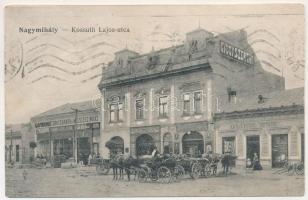 1919 Nagymihály, Michalovce; Kossuth Lajos utca, Gambrinus sörcsarnok és mozgószínház (mozi), Zempléni Takarékpénztár Részvénytársaság, patika, gyógyszertár, Strompl Jenő és István, Glück Mór üzlete. Lándai József kiadása / street view, beer hall and cinema, savings bank, pharmacy, shops (r)